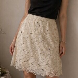 Cache Beaded Floral Lace Skirt‎ Women's Medium Ivory Scalloped Hem